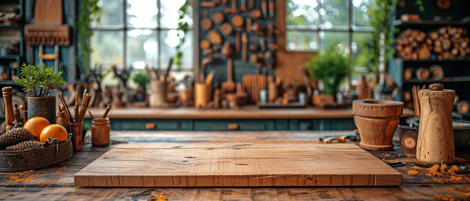 studio kitchen with wooden table and tools